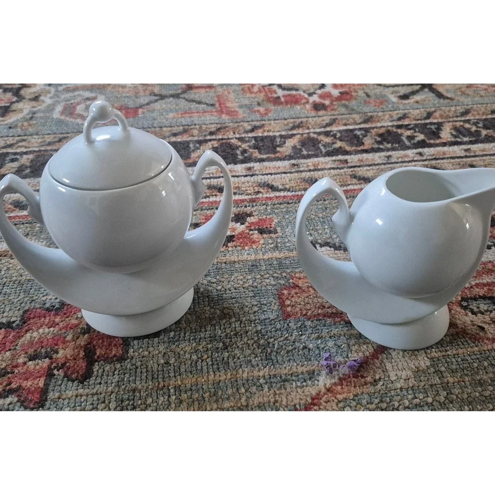 Manufacture de Monaco White Porcelain Sugar‎ Bowl and Creamer Erich Rozewicz Set